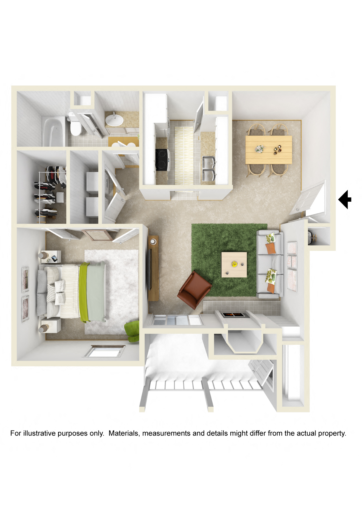 Floor plan for 1 bed, 1 bath, 646 sqft